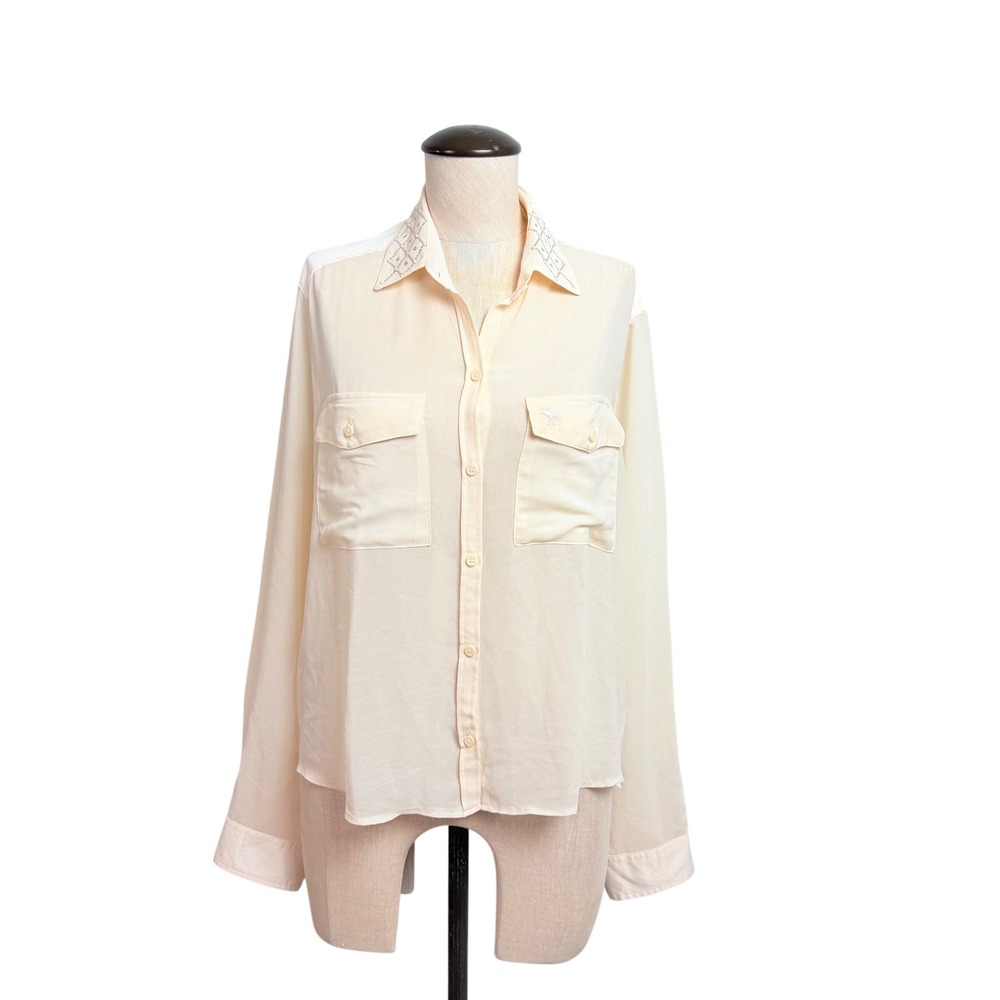 Abercrombie & Fitch Embellished Collar Button Down Blouse Cream Womens Medium